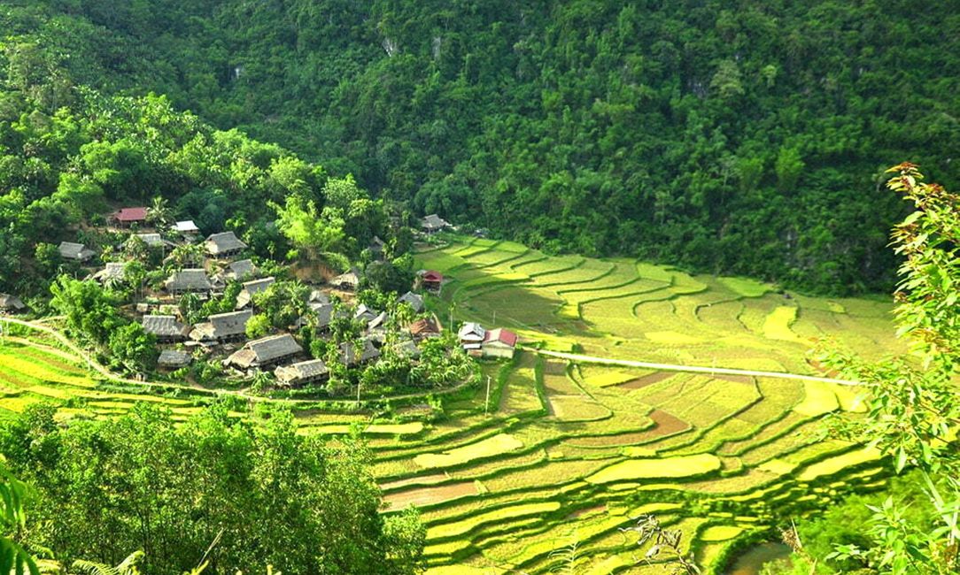 Dorf mit Reisterrassen in Pu Luong