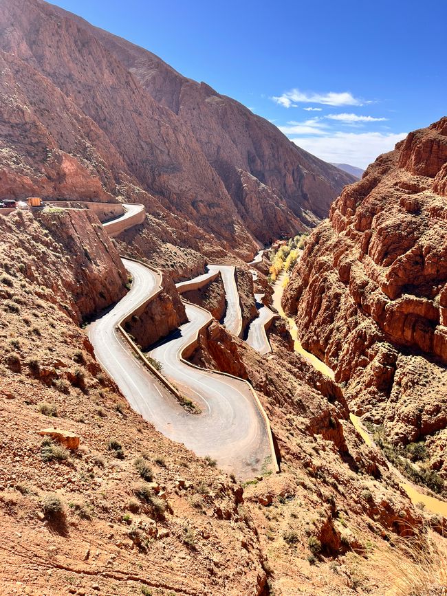 A winding road straight out of a picture book in the Todra Gorge