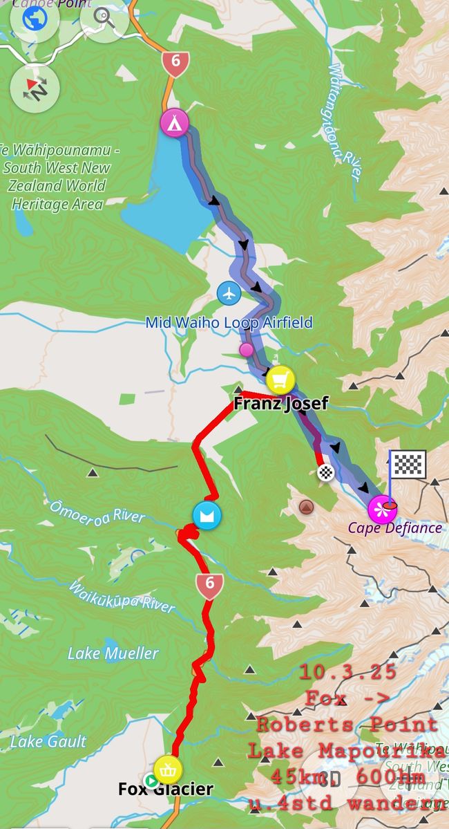 10.3.25 Fox-> Franz-Josef/Lake Mapourika, 45km, 600hm + 4h de randonnée.