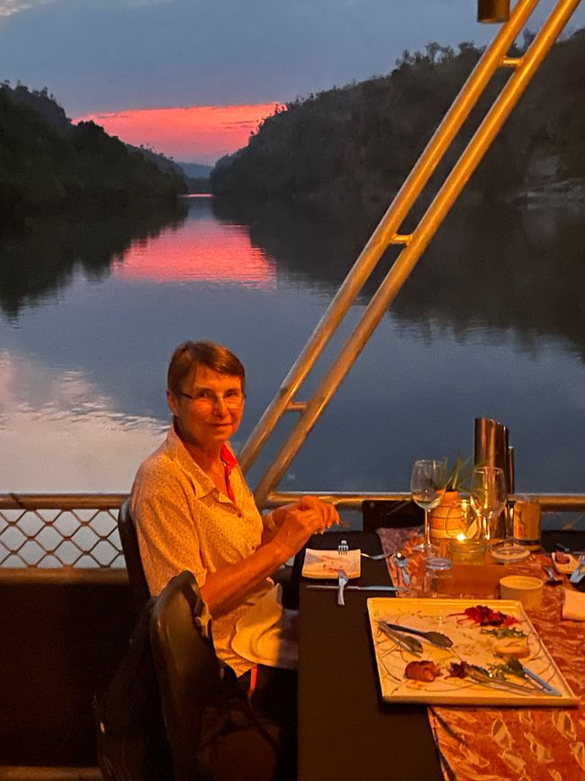 Birgit with our appetizer at sunset