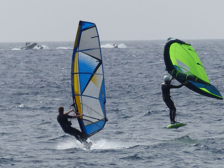 The wind is here! John on the left is old school windsurfing, our friend on the right is new school wing foiling 