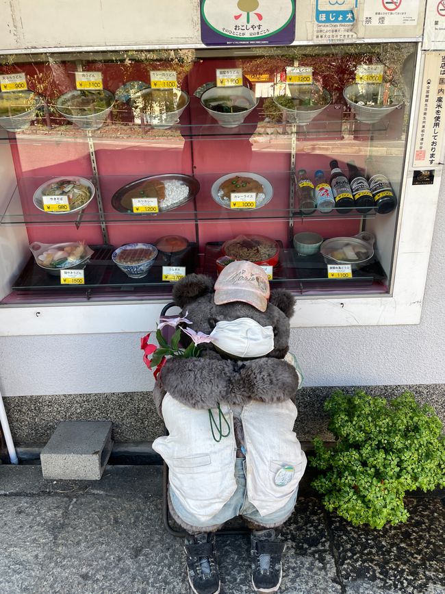 Teddy vor Menu-Auslage mit Plastikgerichten