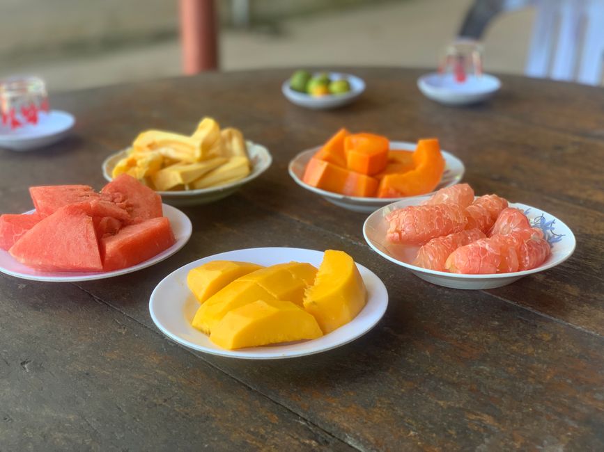 Mango, papaya, grapefruit, jackfruit and melon in between 