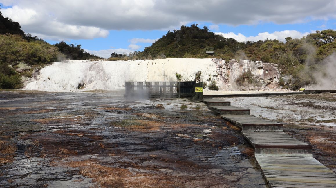 Orakei Korako - der Weg führt direkt über heißes Wasser und geothermale Formationen