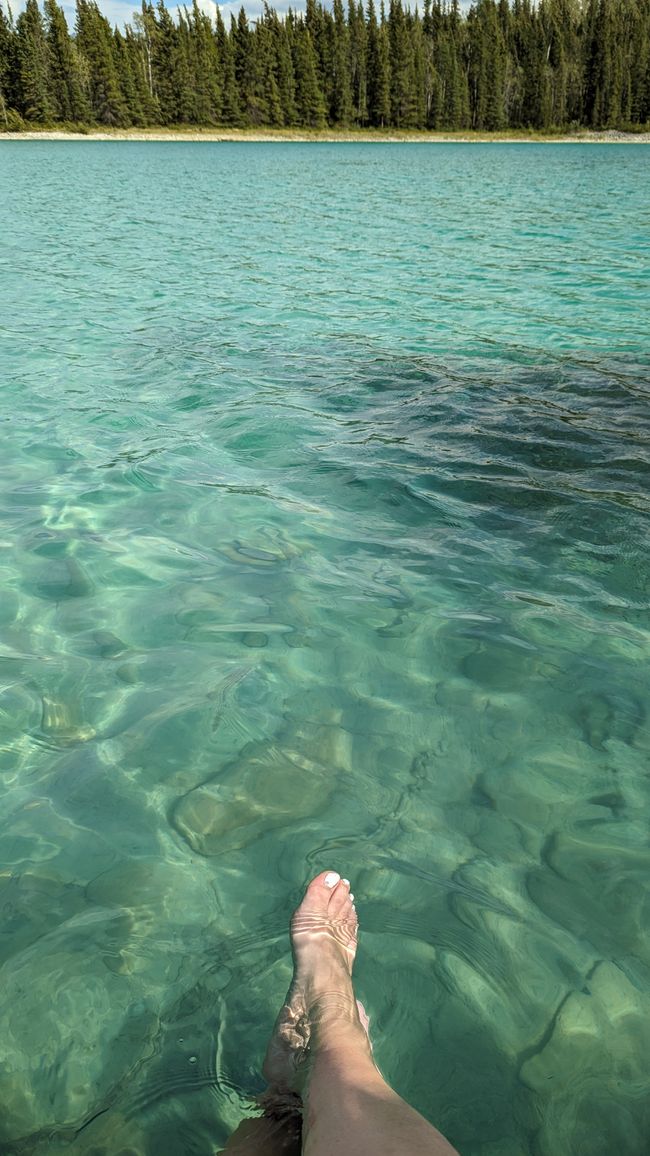 Glasklares Wasser mit Fischschwarm rechts