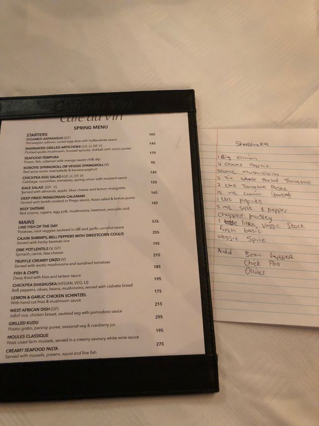 Menu im Cafe du Vin, mit Shashuska-Rezept
