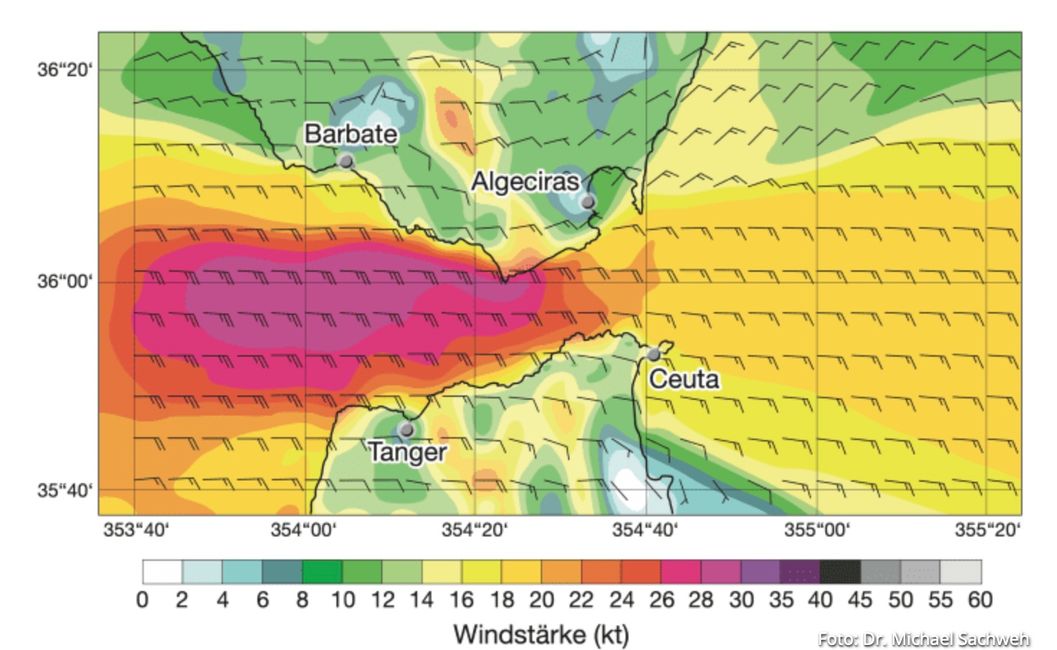 Und so sieht es auf der Windkarte aus, wenn der Levante zwischen Europa und Afrika stürmt