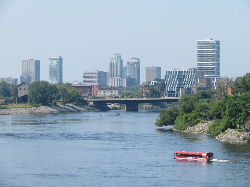 Skyline with amphibious bus