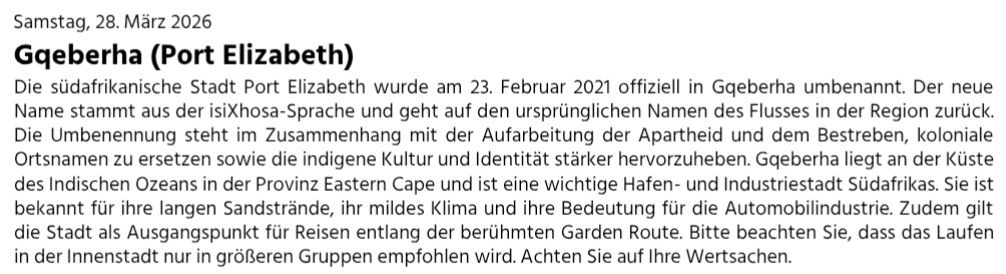 Tag 141/142 und 143 bis 145 von 175: Kreuzfahrt rund um die Welt - Port Elizabeth/Südafrika und drei Seetage