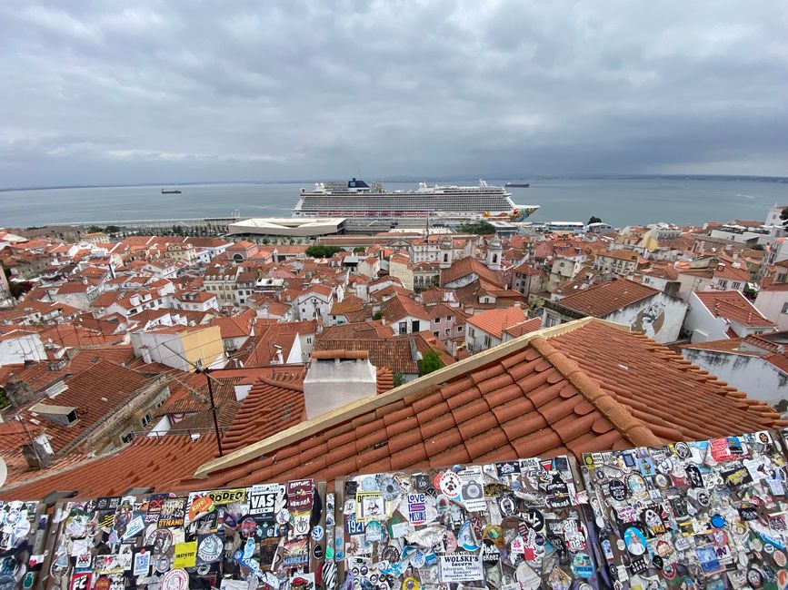 The Alfama district from above. Cruise ship tourists in the background - Instagram stickers in the foreground