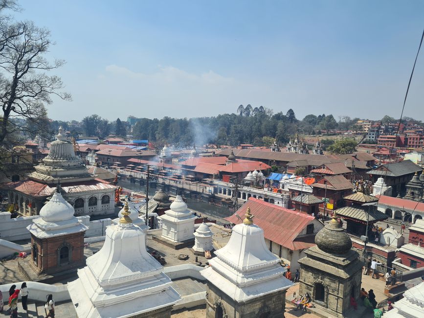 Overview of the large temple complex, which is divided by the Bagmati River.