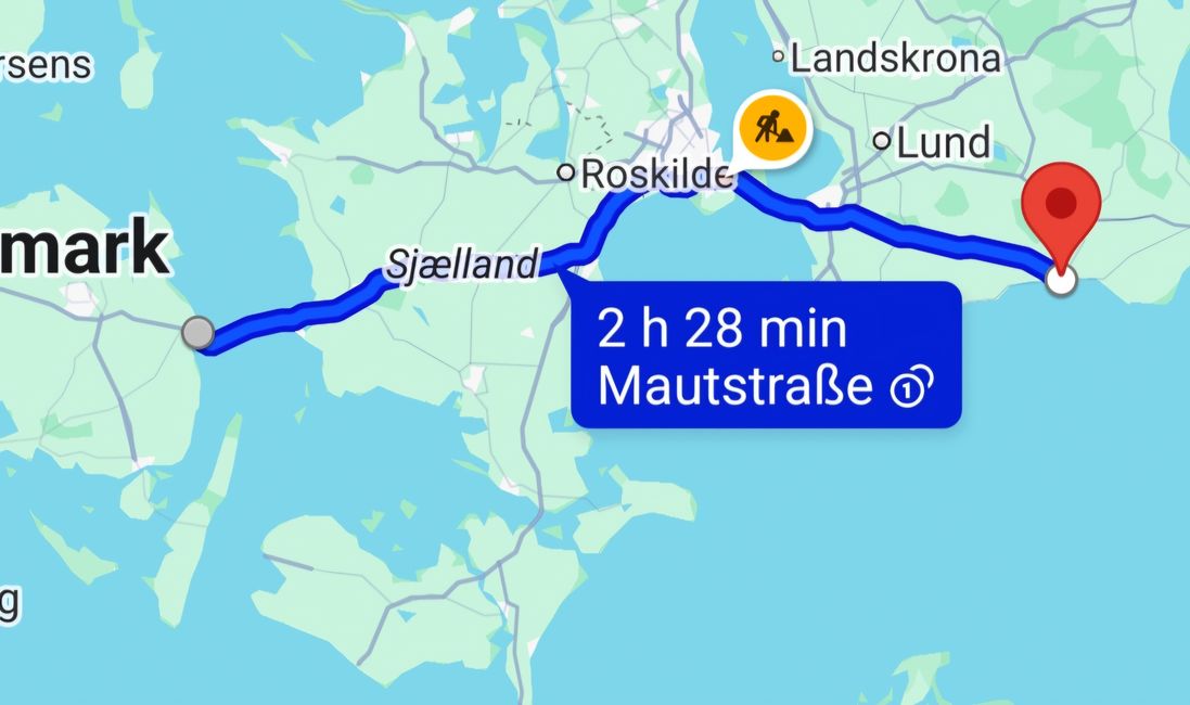 Notre trajet d'aujourd'hui de Nyborg à Ystad 