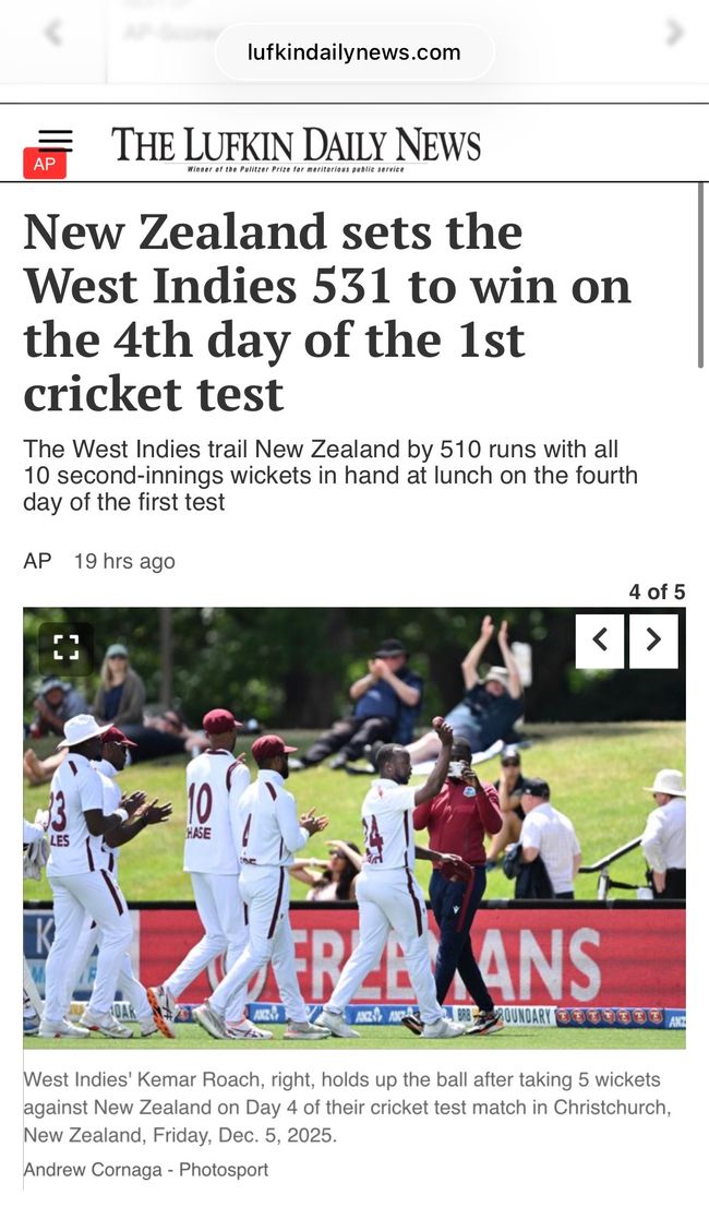 New Zealand sets the West Indies 531 to win on the 4th day of the 1st cricket test