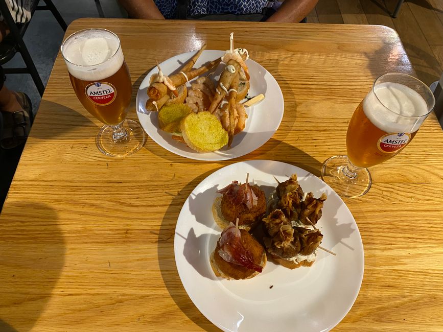 Delicious pintxos, the Basque tapas, in the market hall of Bilbao