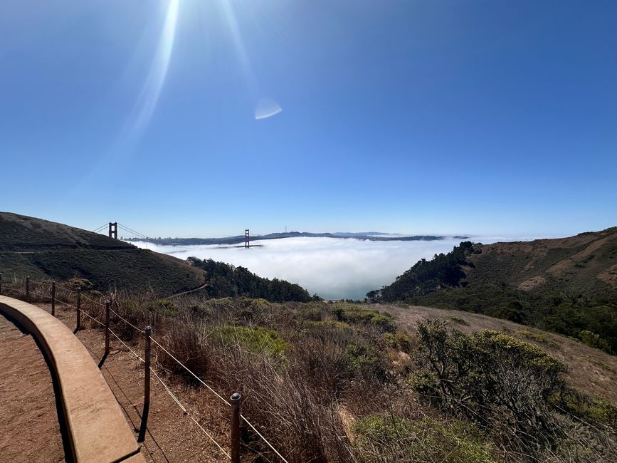 The Golden Gate Bridge is mostly in fog