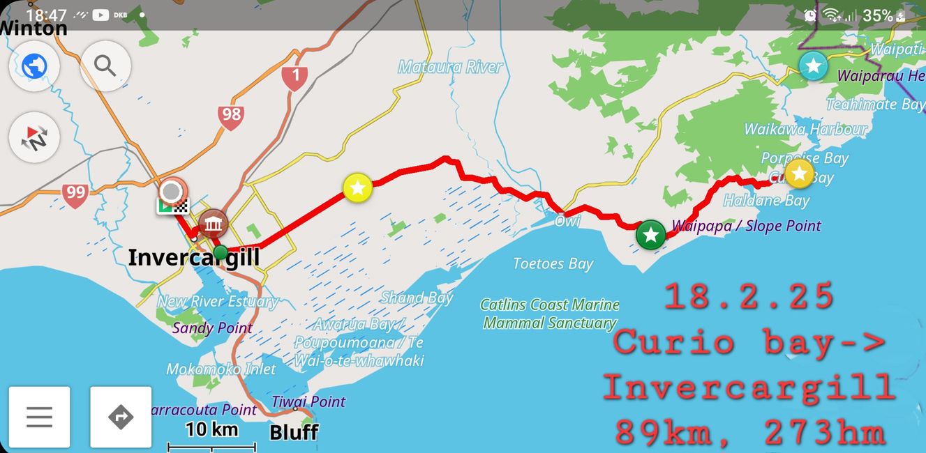 18.2.25 Curio Bay -> Invercargill 89km, 273hm