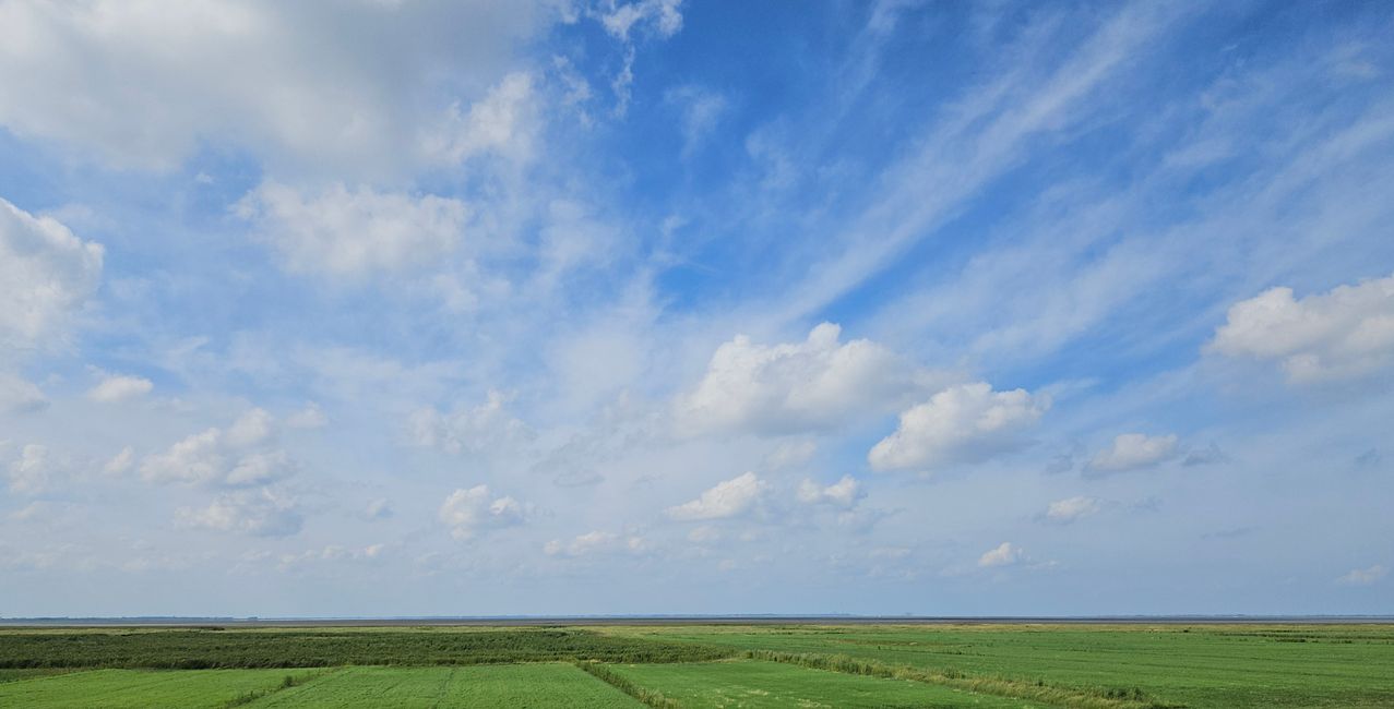 Sehestedt: Blick vom Deich über den Jadebusen nach Wilhelmshaven