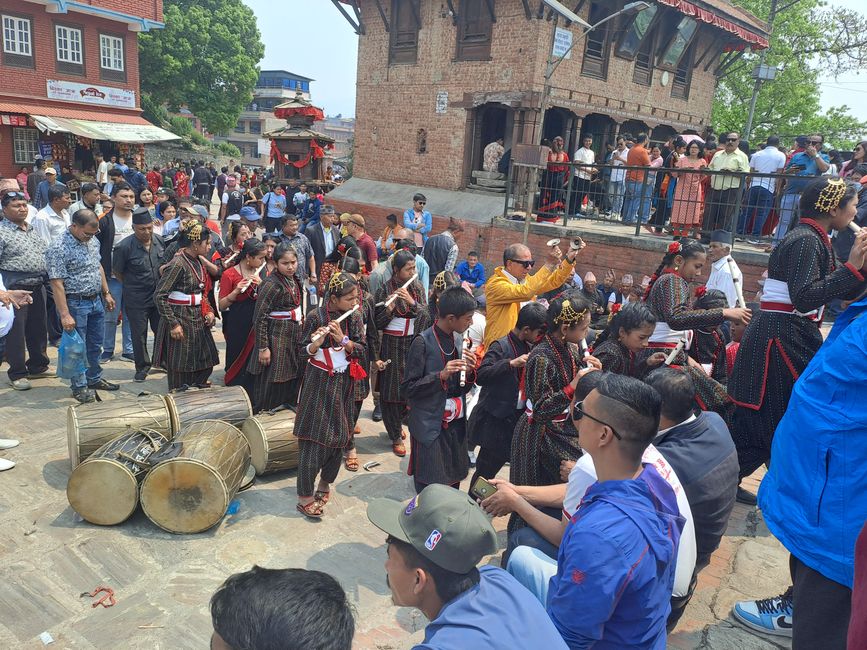"Music groups" in the typical costumes of the Newari ethnic group.