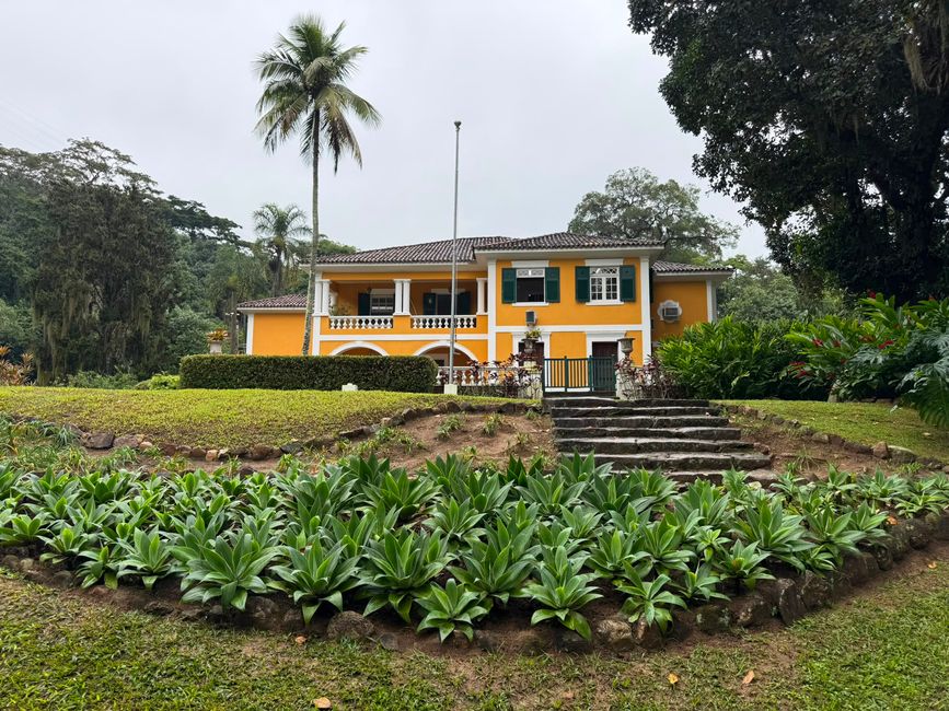 A bright yellow colonial-style house sits amid lush tropical greenery, with palm trees, manicured gardens, and stone steps leading up to the entrance. The scene feels calm and picturesque under an overcast sky.
