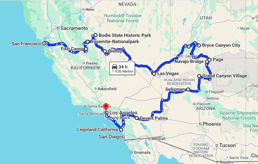 Unsere Reiseroute – von San Francisco nach Los Angeles (Google Maps)