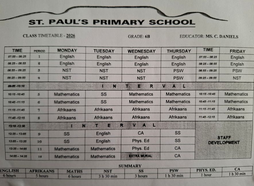 Learners' schedule: Grade 6B