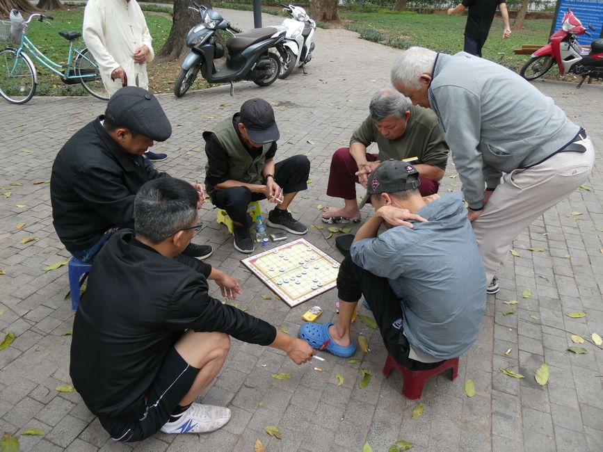 Spielende alte Männer und Kiebitze