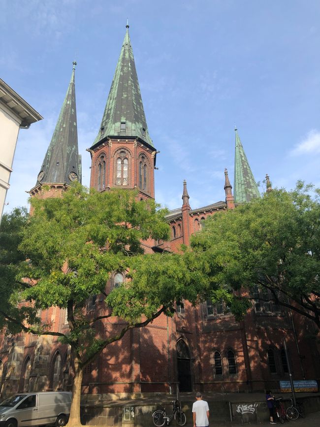 Die Lambertikirche umgeben von alten Bäumen