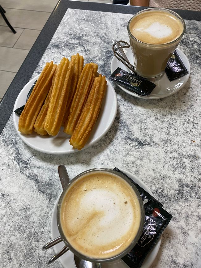 Breakfast for sightseeing in Santiago - fat, sugar, and caffeine, one can have!