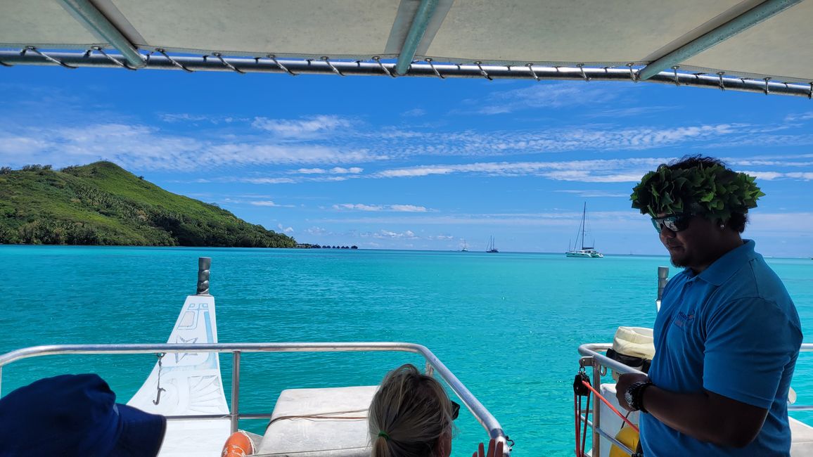 Esnórquel con raya y tiburones en el agua turquesa frente a Bora Bora.