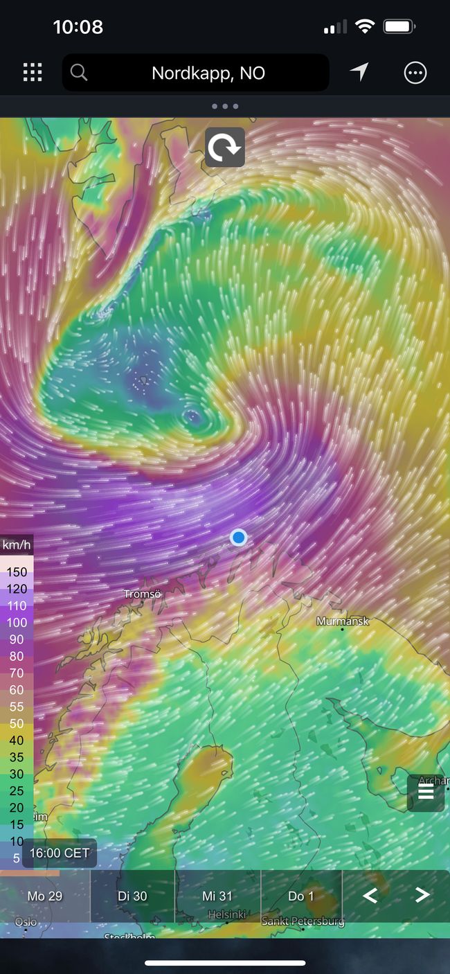 Map showing wind activity. The blue dot is Nordkapp.