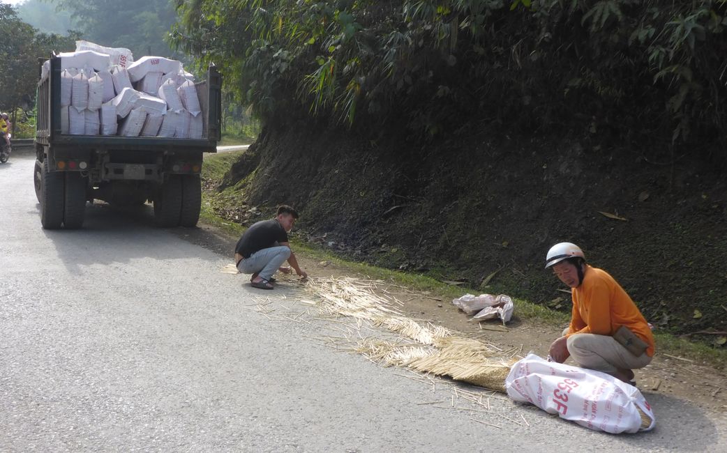 Le sac avec les baguettes en bambou finis est tombé du camion