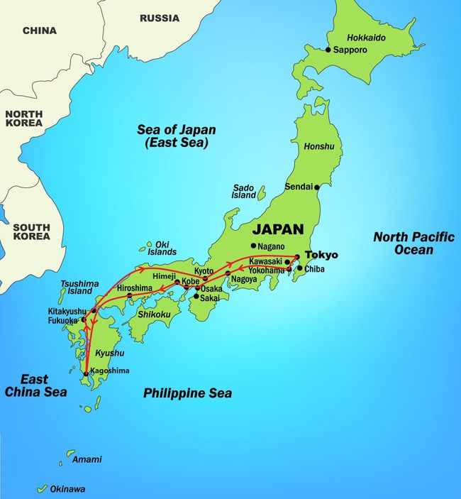 Unsere 3-wöchige Rundreise durch Japan beginnt und endet in der Hauptstadt Tokyo und führt uns bis zum Süden der Kyushu-Insel.