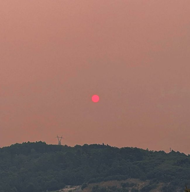 Blutrote Sonne durch die Rauchwolke