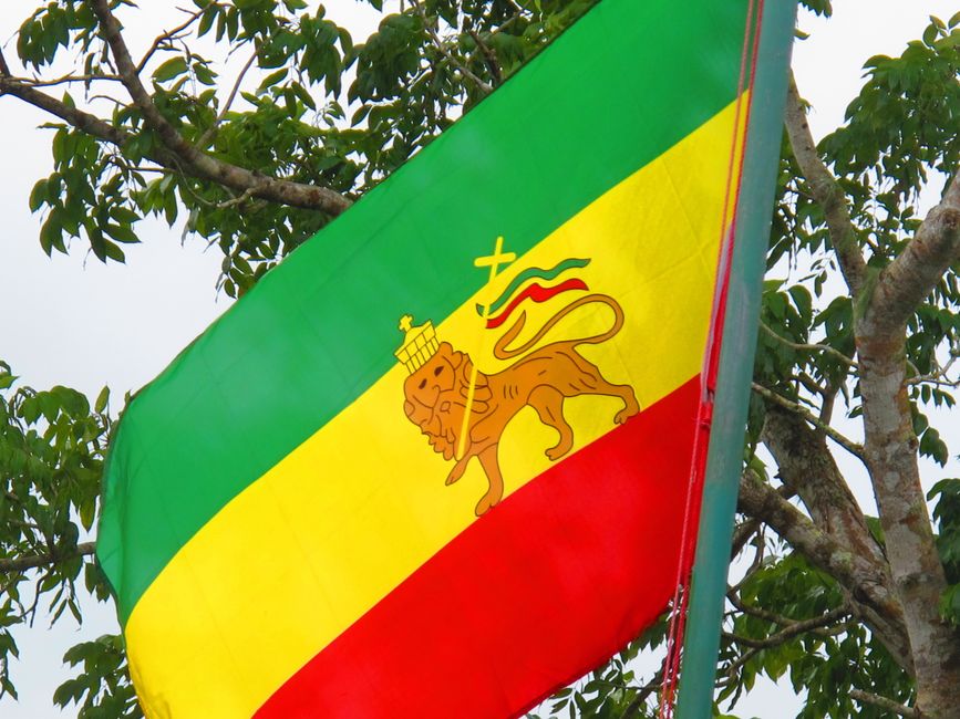 La bandera de los rastafaris, rojo por la sangre de los mártires, dorado por la riqueza de África y verde, el color de la esperanza de retorno. El león es el dios de los rastafaris.