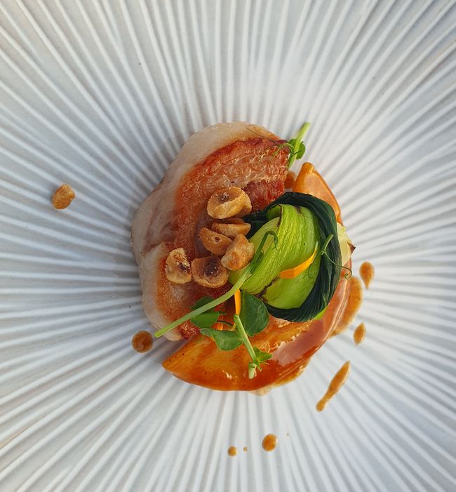 Schweinwammerl, Raviolo gefüllt mit Schweinehack, Lammjus, Erdnüsse, Gemüse