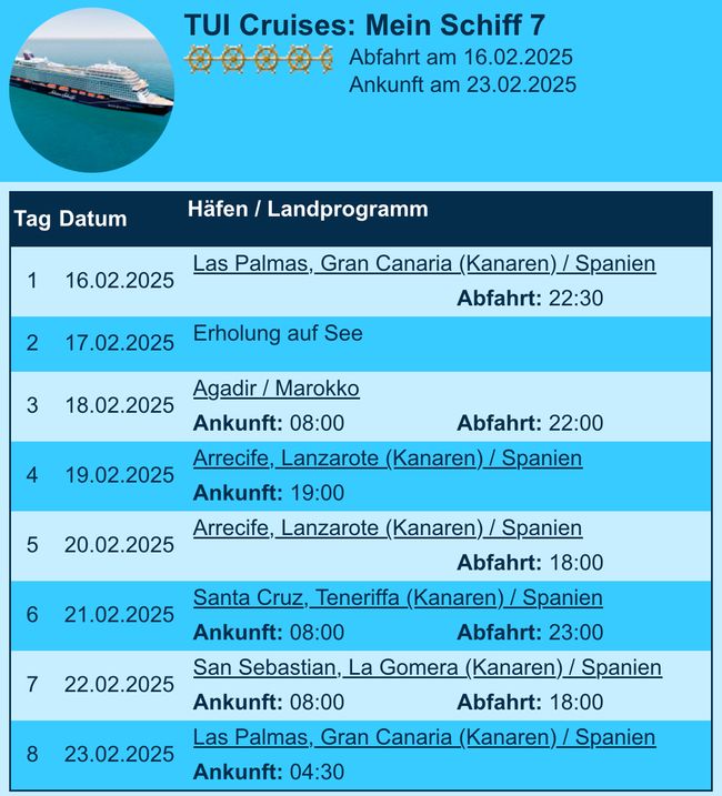 Unsere 3.Kreuzfahrt vom 16.2.-23.2.25
Kanaren mit Marokko-mit der Mein Schiff 7