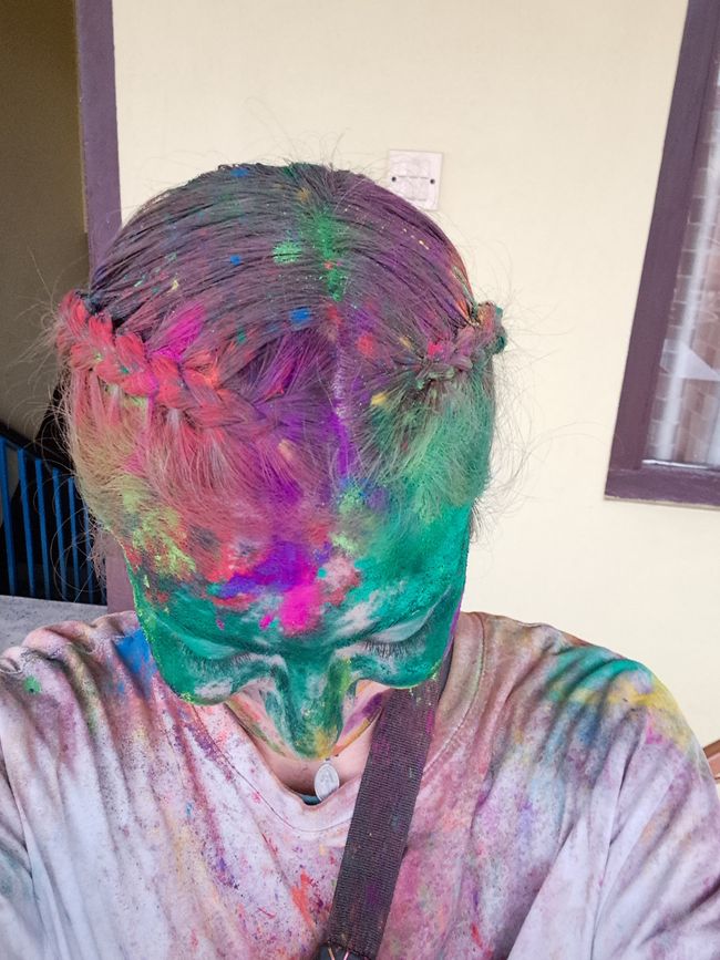 The finished piece of art in my hair at the end of our Holi experience.