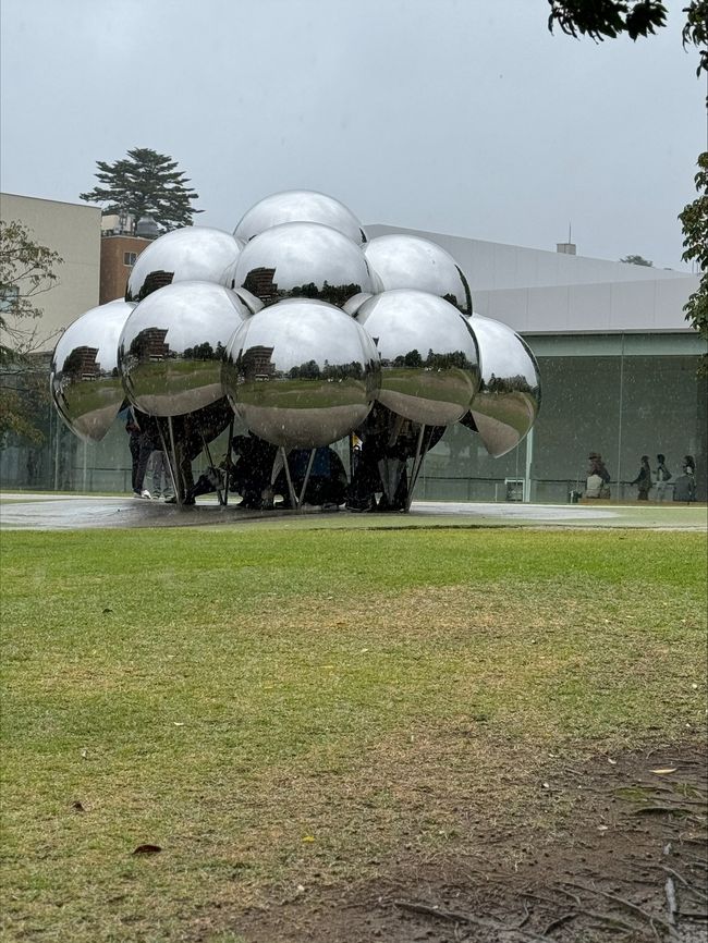 people under the art due to rain