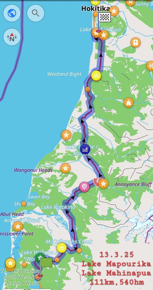 13.3.25 Lake Mapourika-> Lake Mahinapua, 111km
