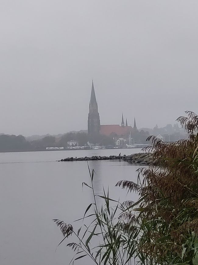Dom von Schleswig schemenhaft übers regenverhangene Wasser...