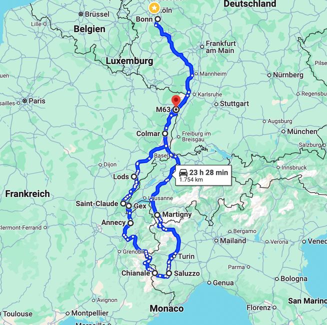 the entire travel route from Bonn to Piedmont and back