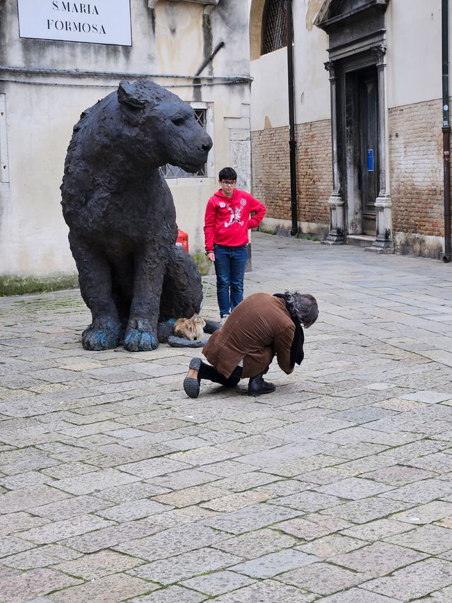 Bronzener Löwe mit Katze