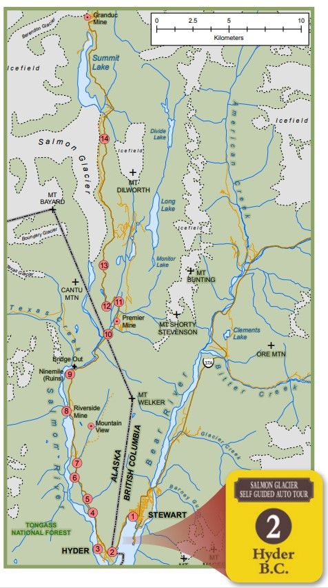 Infos zu Stopps auf dem Weg zum  Salmon Glacier