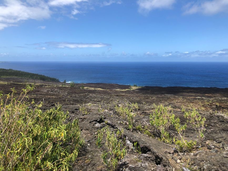 Vue sur le champ de lave et la mer