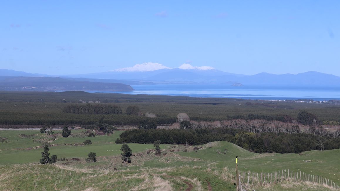 Blick vom Mount Tauhara auf Lake Taupo und Tongariro National Park