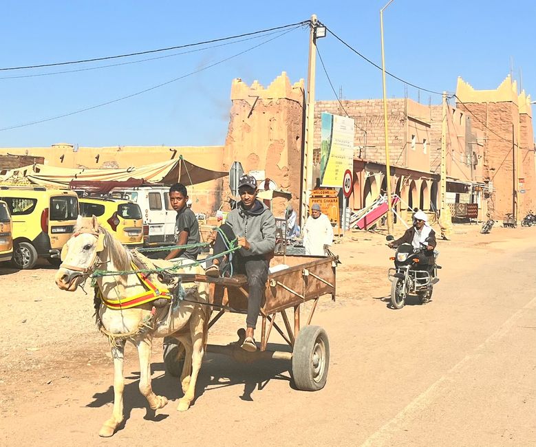 The typical means of transport in Morocco: donkey carts, mopeds, and Dacia taxis (in the background)