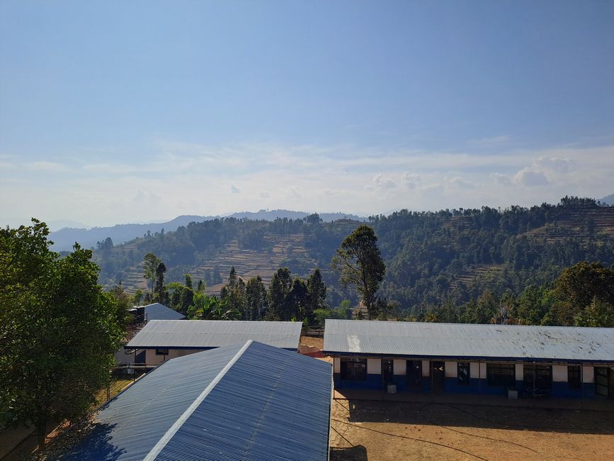The view from the roof of the yellow school building.