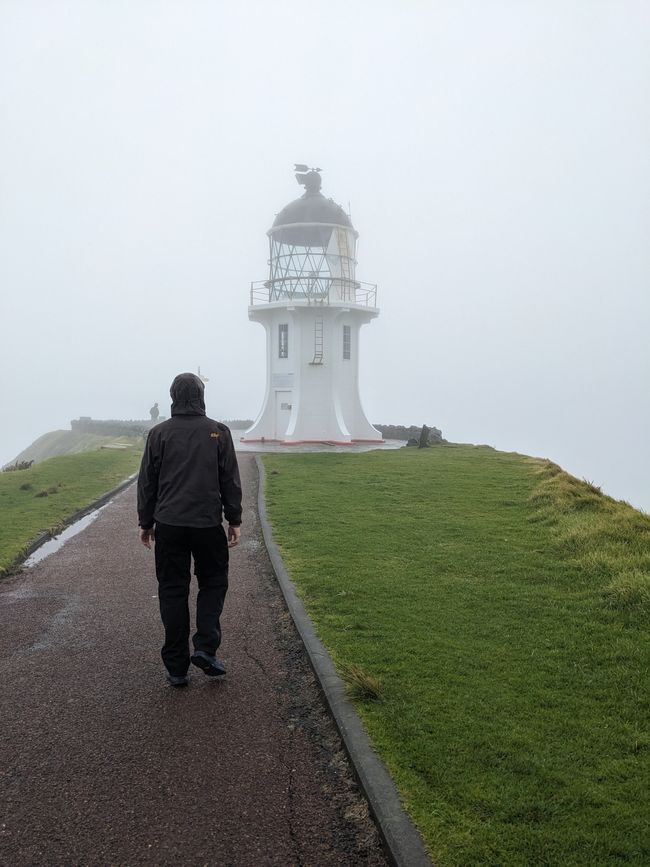 Lighthouse at Cape Reinga, the northern tip of the northern island, unfortunately covered in clouds.
