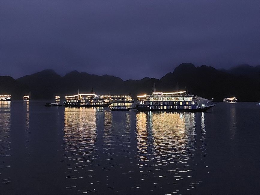 Hotelboote bei Nacht