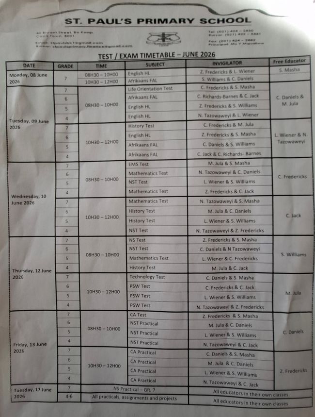 Example: Assessment timetable